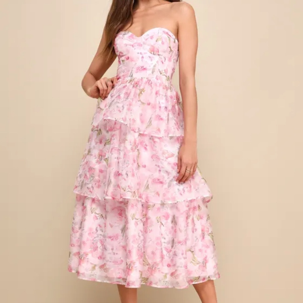 Lulu's Pink Floral Strapless Midi Dress
